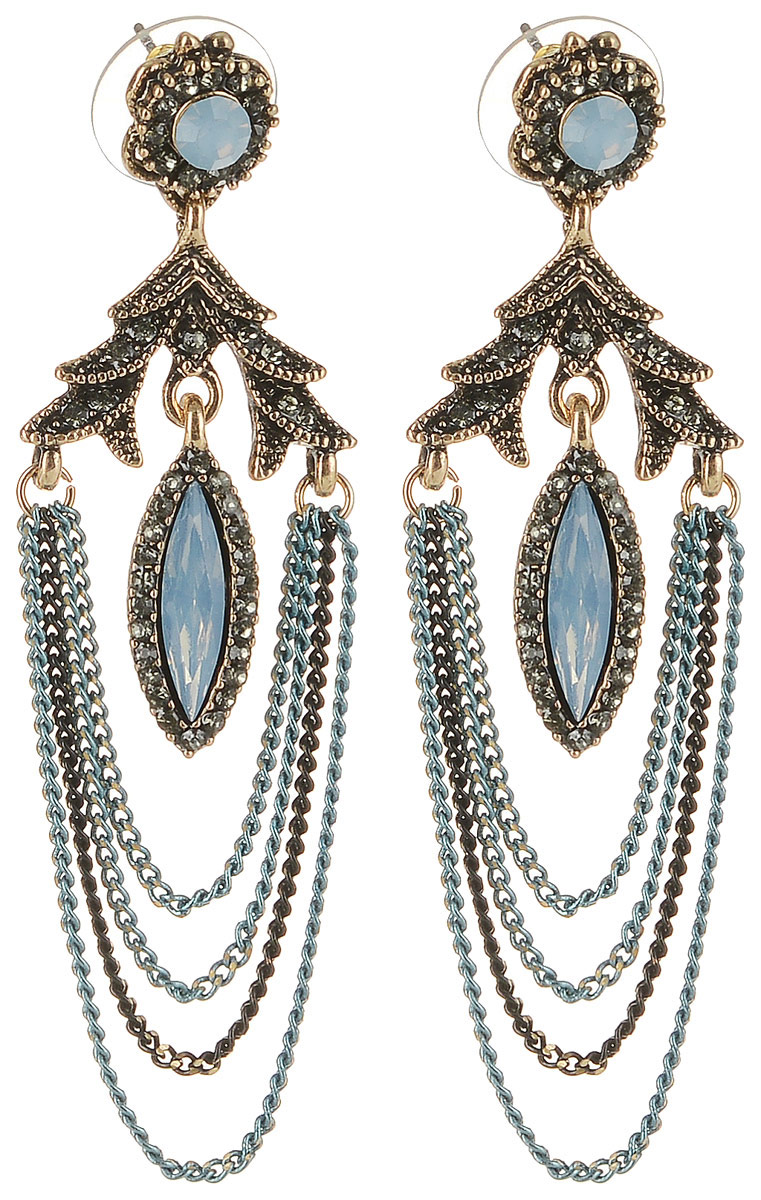Серьги Taya, цвет: золотистый, голубой. T-B-12937T-B-12937-EARR-GL.L.BLUE Серьги Taya, цвет: золотистый, голубой. T-B-12937T-B-12937-EARR-GL.L.BLUEЭлегантные серьги современного дизайна Taya достаточно длинные, но выполнены из мелких деталей и тонированного металла. За счет такого исполнения не выглядят громоздко или грубо. Напротив, они смотрятся вполне естественно и органично. В качестве основания изделия используется замок-гвоздик с заглушками, которые изготовлены из металла и пластика.