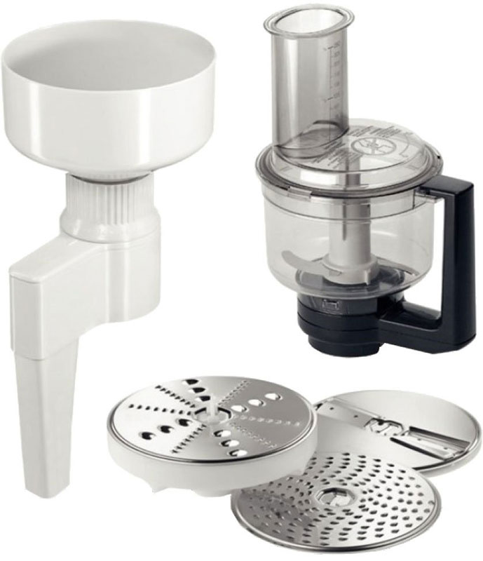 Bosch MUZXLVE1 комплект насадок для кухонных комбайновMUZXLVE1 Bosch MUZXLVE1 комплект насадок для кухонных комбайновMUZXLVE1Набор насадок Bosch MUZXLVE1 для настоящих гурманов и экспериментаторов. Он содержит в себе мультимиксер с ножом-крыльчаткой и 3 режущими дисками, а также мельницу для помола зерна. Мельница для зерна с жерновами из нержавеющей стали для любого типа зерен (кроме кукурузы). Помол осуществляется непосредственно в рабочую чашу. Бесступенчатая регулировка степени помола. Вместимость загрузочной воронки мельницы: 750 грамм зерен. Мультимиксер состоит из двустороннего диска-терки (крупная/мелкая), двустороннего диска-шиновки (крупная/мелкая), терки для сыра твердых сортов, шоколада и ножа-крыльчатки. Нож и диски из нержавеющей стали. Имеется крышка с загрузочным отверстием и толкателем. Возможность колки льда и измельчения замороженных овощей и фруктов. Высокая надежность посредством блокировки крышки чаши.