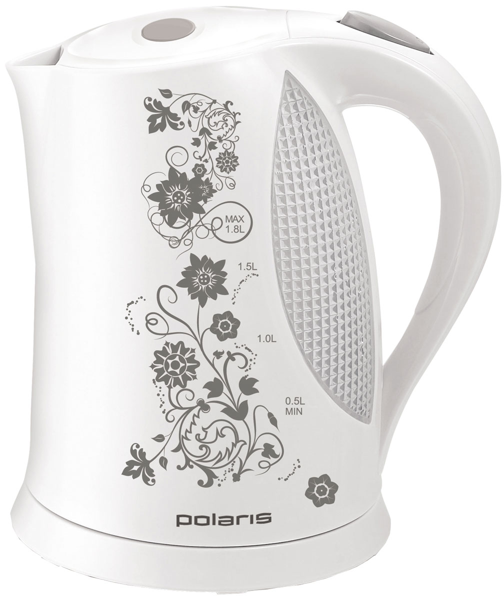 Polaris PWK 1822CLR Floris, White Gray электрический чайникPWK 1822CLR Floris_бел/сер Polaris PWK 1822CLR Floris, White Gray электрический чайникPWK 1822CLR Floris_бел/серКрасивый и объемный чайник Polaris PWK 1822CLR Floris имеет оригинальный цветочный узор на корпусе. Во время работы вода подсвечивается, имеется также двухсторонняя шкала уровня воды. К дополнительным удобствам можно отнести безопасно открывающуюся нажатием кнопки крышку, вращающийся на 360° корпус и отсек для хранения шнура. При закипании воды чайник автоматически отключается. Съемный фильтр позволит без труда промыть его от накипи.