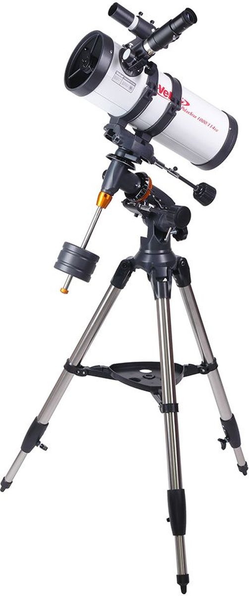 Veber 1000/114 EQ PolarStar телескоп23384 Veber 1000/114 EQ PolarStar телескоп23384Телескоп Veber Polarstar 1000/114 EQ — оптимальная модель для серьезных, но начинающих любителей астрономии. Зеркало диаметром 114 мм достаточно велико, чтобы собирать много света (в этот телескоп вы сможете увидеть объекты солнечной системы во всех подробностях — таких как щель Кассини в кольце Сатурна, лунные кратеры размером около 5 км, слабые звезды до 13 м звездной величины). Однако, габариты прибора вполне домашние, длина трубы всего 42 см. С окуляром PL25 вы получите увеличение 40х, с которым удобно вести наземные наблюдения. При этом ближняя точка фокусировки составит всего 12 м. Очень стильное исполнение телескопа: белая глянцевая металлическая труба в обрамлении выглядящих брутально, металлическая монтировка с декоративными оранжевыми элементами, мощный штатив из полированной нержавейки… Удобный 90 градусный искатель (увеличение 6х) расположен рядом с окуляром. Прибор оснащен монтировкой немецкого типа EQ5 с...