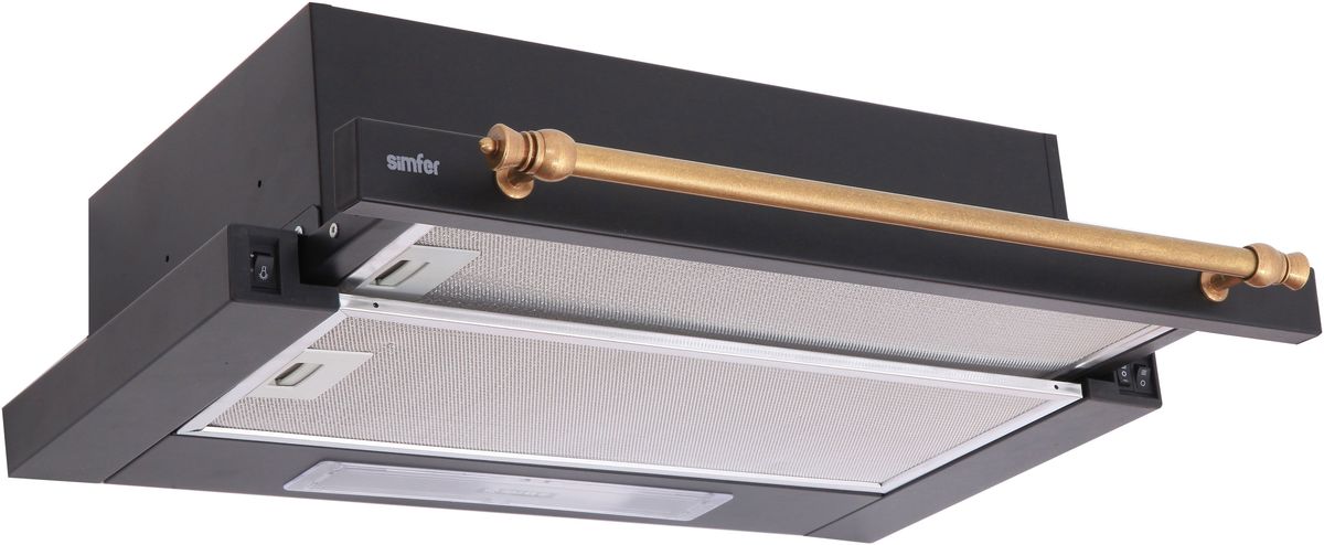 Simfer 6002X вытяжка6002X Simfer 6002X вытяжка6002XВстраиваемая вытяжка 60 см Режим работы - отвод/рециркуляция Производительность 460 м3/ч (2 мотора) Кол-во скоростей – 3 Металлические жироулавливающие фильтры Галогеновое освещение 2х25 Вт Цвет – антрацит, декор цвета бронзы