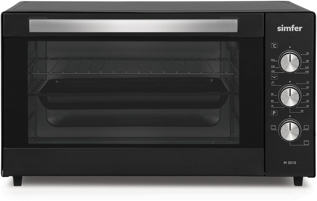 Simfer M3510 мини-печьM3510 Simfer M3510 мини-печьM3510Полезный объем для приготовления блюд 35 л 3 режима работы Функции - нижний нагрев, верхний нагрев, ниж.+верх. нагрев Механическое управление Таймер на 90 мин. Акустическии? сигнал окончания времени приготовления при работе таймера Термостат (t нагрева 0–250°С) Дверца - стекло Комплектация: 1 противень (стандартный с антипригарным покрытием), хромированная решетка Мощность: 1300 Вт Вес: 6,8 кг Цвет продукта: черный Габаритные размеры (ВхШхГ), мм:300х495х360