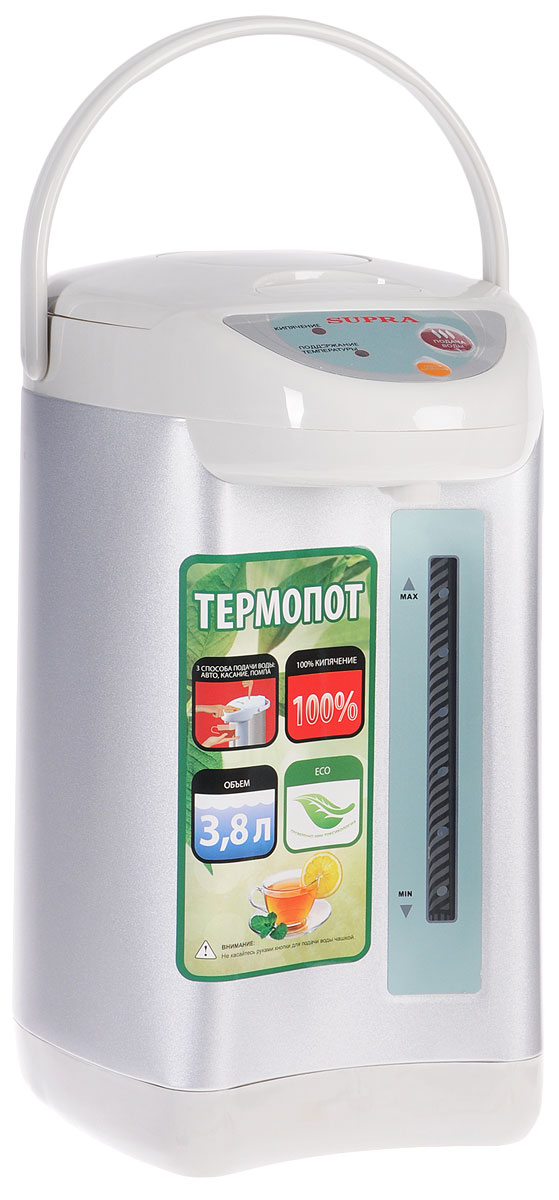 Supra TPS-3002 термопотTPS-3002 Supra TPS-3002 термопотTPS-3002Пока еще редкие чайники оборудованы терморегулятором. Да и держат температуру воды они минут 30, не больше. Другое дело - термопот - такой, как SUPRA TPS-3002. С ним горячая вода (80-85 °С) всегда будет в доступе. Это особенно удобно, когда в семье есть маленькие дети. По мощности такие приборы, конечно, уступают чайникам, но наш герой - приятное исключение. Полный объем - 3.8 литра воды - он вскипятит за 20 минут. Есть режим повторного кипячения: здесь вам придется ждать минуты три, не больше. Внутренняя камера прибора сделана из нержавеющей стали, так что на качество воды вы жаловаться не будете. Тем более что устройство оборудовано фильтром для задержания накипи.