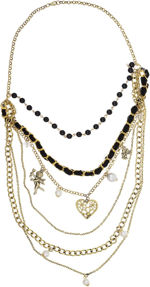 Колье Art-Silver, цвет: золотой. 7536-4967536-496 Колье Art-Silver, цвет: золотой. 7536-4967536-496Колье Art-Silver выполнено из бижутерного сплава с позолотой, дополнено текстильным шнурком. Центральная часть оформлена ярусами из цепей разного плетения и бусин, декорированных жемчугом, кристаллами и подвесками.