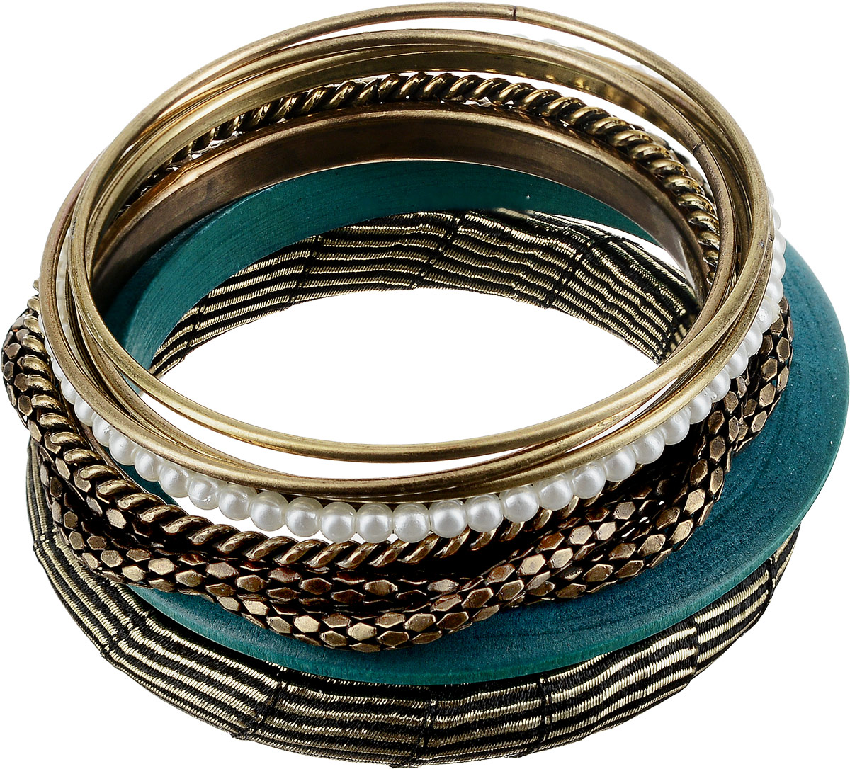 Набор браслетов женский Art-Silver, цвет: золотой, 8 шт. 50-21252-56450-21252-564 Набор браслетов женский Art-Silver, цвет: золотой, 8 шт. 50-21252-56450-21252-564Набор браслетов от Art-Silver состоит из восьми браслетов: три гладких выполнены из бижутерного сплава, браслет из дерева, массивный браслет с текстильным покрытием дополнен металлизированной нитью, два рифленых браслета из бижутерного сплава, браслет с жемчугом из бижутерного сплава.