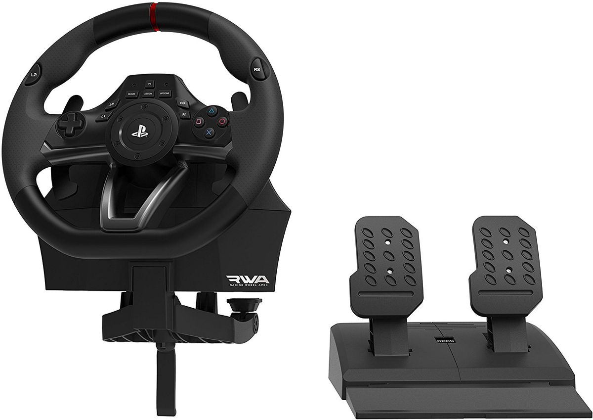 Hori Racing Wheel APEX (PS4-052E) руль для PlayStation 4ACPS477 Hori Racing Wheel APEX (PS4-052E) руль для PlayStation 4ACPS477Руль Hori Racing Wheel APEX официально лицензирован Sony. Контроллер совместим с PlayStation 4 и PlayStation 3. Данная модель имеет мощную вибрацию для обратной связи, подрульные лепестки переключения передач, программируемые кнопки, и эргономичное резиновое покрытие. Подсветка Угол поворота: 180/270 градусов В комплекте аналоговые педали для реалистичного вождения