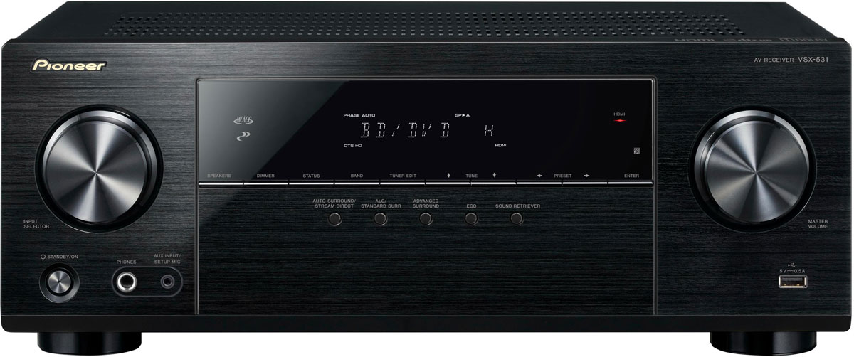 Pioneer VSX-531-B AV-ресиверVSX-531-B Pioneer VSX-531-B AV-ресиверVSX-531-BPioneer VSX-531-B - 5.1-канальный ресивер с мощностью 5x130 Вт, 4 HDMI-входами и поддержкой протокола HDCP 2.2. AV ресивер имеет четыре HDMI-входа, которые передают на телевизор или проектор видеоматериал в формате UltraHD. Разумеется, посредством HDMI высокое разрешение может иметь и звук: VSX-531 декодирует в том числе многоканальные HD-форматы Dolby и dts и благодаря собственной системе автоматической акустической калибровки MCACC компании Pioneer осуществляет точную калибровку звука в соответствии с индивидуальной акустикой ваших помещений. Если вы вместо просмотра фильма предпочитаете насладиться музыкой, то для этого вы, наряду с привычными плеерами, подключаемыми к аналоговому или цифровому входу, можете просто воспользоваться своим смартфоном или планшетом: просто запустите свое любимое музыкальное приложение и осуществите беспроводное соединение устройства с интегрированным Bluetooth-входом VSX-531. USB-разъем на передней панели при...