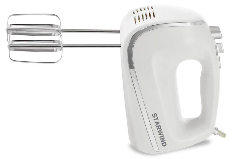 Starwind SHM5481, White Silver миксерSHM5481 Starwind SHM5481, White Silver миксерSHM5481Ручной миксер Starwind SHM5481 с мощностью 450 Вт, режимом Турбо и 5 скоростями вращения. Имеет две пары практичных насадок для тщательного взбивания и для замешивания теста, которые гарантируют идеальный результат работы. Для большего удобства данная модель снабжена кнопкой легкого отсоединения насадок. Миксер удобен в использовании как правой, так и левой рукой.