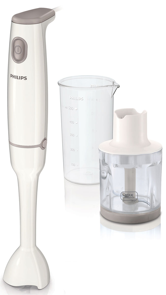 Philips HR1602/00 погружной блендерHR1602/00 Philips HR1602/00 погружной блендерHR1602/00Ручной блендер из коллекции Philips Daily сочетает в себе мощность 550 ватт, насадку блендера уникального дизайна и измельчитель. Он позволяет приготовить идеальные супы-пюре и идеально измельчить зелень. Готовить полезные блюда теперь так просто! Технология ProMix ручного блендера Philips была разработана в сотрудничестве со специалистами престижного Штутгартского университета. Усовершенствованная технология обеспечивает большую однородность и скорость смешивания. Уникальная технология ProMix - это треугольная форма насадки, которая гарантирует идеальную консистенцию супов и смузи. Погружная насадка ручного блендера Philips легко снимается нажатием двух кнопок для удобной очистки. Одна кнопка включения для удобства использования. Этот ручной блендер линейки Daily Collection имеет рукоятку зауженной формы и подойдет для любой руки. Мощный мотор 550 Вт для обработки самых твердых ингредиентов. Используйте ручной блендер с компактным измельчителем (300...