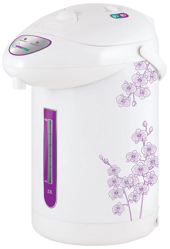 HomeStar HS-5001, White Purple термопот54 000650 HomeStar HS-5001, White Purple термопот54 000650Термопот HomeStar HS-5001 поможет не только вскипятить или подогреть воду, но и сохранить ее температуру на заданном уровне в течение нескольких часов. Благодаря этому вы избавите себя от частого подогрева воды, что, в свою очередь, обеспечит вполне реальную экономию электроэнергии. Мощность в режиме поддержания температуры: 35 Вт Нержавеющая стальная колба Съемный шнур питания Скрытый нагревательный элемент Поддержание температуры: 24 часа