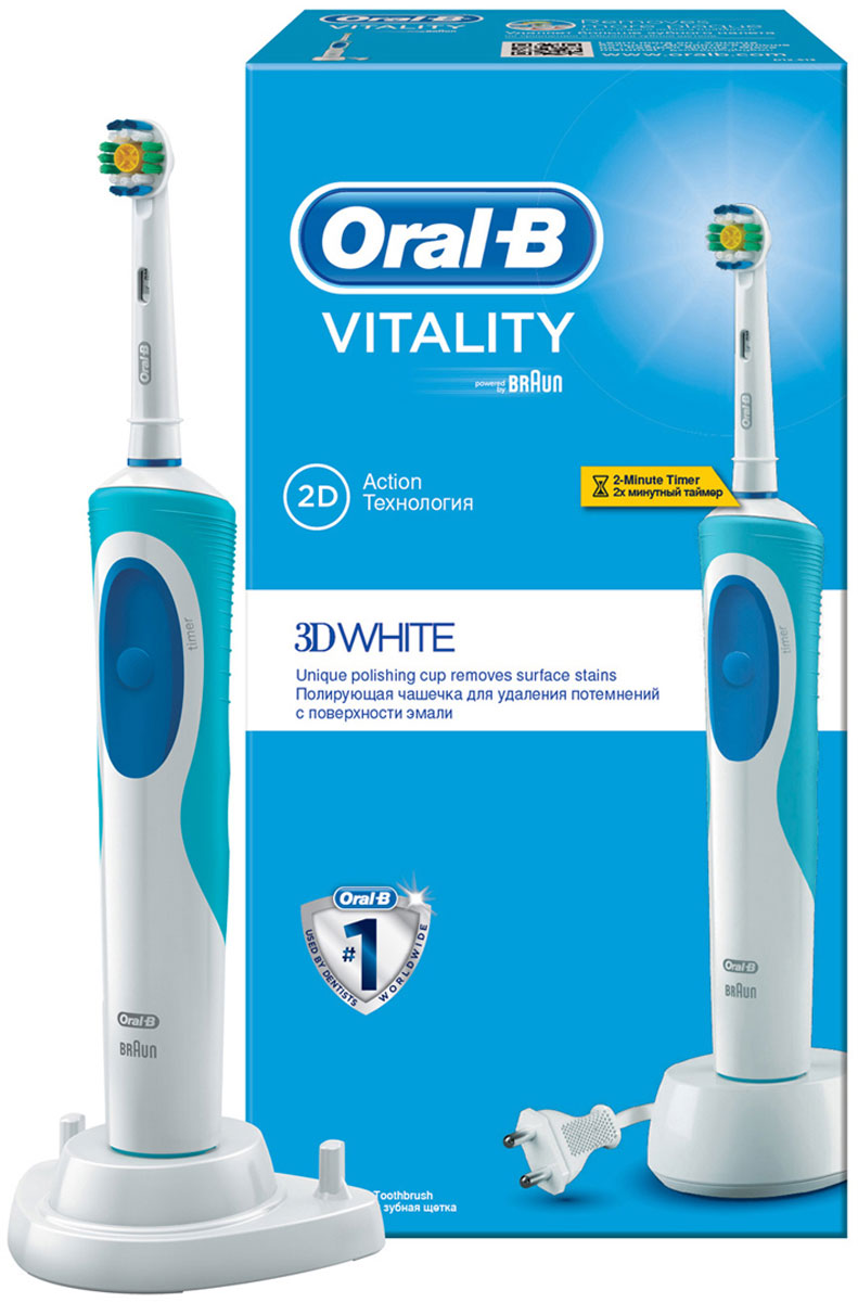 Электрическая зубная щетка Oral-B Vitality 3D WhiteD12.513D Электрическая зубная щетка Oral-B Vitality 3D WhiteD12.513DКлинически доказано, что электрическая зубная щетка Oral-B Vitality превосходно чистит зубы по сравнению с мануальной зубной щеткой. Основная задача данной зубной щетки - бережное и эффективное удаление пигментированного зубного налета для естественно белых зубов. Разработанная со стоматологами насадка 3D White имеет полирующее чашечное поле в центре насадки, позволяющее быстрее и эффективнее удалять пигментированный зубной налет. Безопасно для эмали. Технология 2D-чистки совершает 7600 возвратно-вращательных движений в минуту. Подходит для детей с 3 лет. Перейдите на новый уровень чистки за 2 минуты! * Oral-B – марка зубных щеток №1, используемая большинством стоматологов мира!* (* на основании международных опросов P&G среди репрезентативной выборки стоматологов, проводимых регулярно, в т.ч. 2013-2015 гг.) * Удобный встроенный таймер помогает чистить зубы рекомендованные стоматологами 2 минуты * Сочетается со всеми сменными...