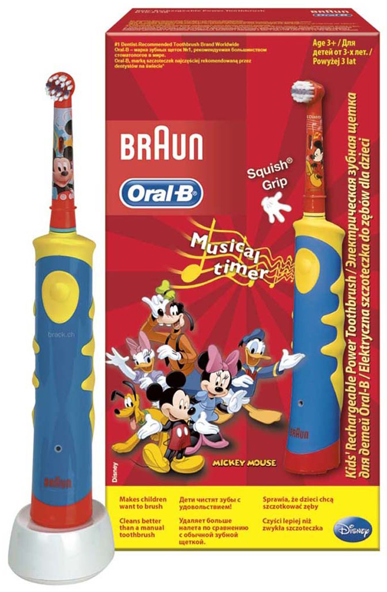 Электрическая зубная щетка для детей Oral-B Mickey KidsD10.513 Электрическая зубная щетка для детей Oral-B Mickey KidsD10.513Лучшее удаление зубного налета с учетом особенностей детского организма. Дети хотят получать удовольствие во время чистки зубов: ?? благодаря ярким цветам и дизайну с любимыми героями Диснея© щётка Oral-B Mickey KIDS (D10K) превращает чистку зубов в веселое занятие! Клинически доказано, что электрическая зубная щетка Oral-B Mickey Kids превосходно чистит зубы по сравнению с обычной мануальной зубной щеткой. Oral-B Mickey KIDS имеет более короткие щетинки для особо бережной чистки полости рта ваших детей. Рекомендовано для детей с 3 лет. Технология возвратно-вращательных движений 2D в режиме чувствительной чистки совершает 5600 движений в минуту и позволяет удалять зубной налет лучше, чем мануальная зубная щетка. Комплектация: Электрическая зубная щетка (1 шт.), насадка для щетки Oral-B Kids (1 шт.), зарядное устройство (1 шт). Перейдите на новый уровень чистки за 2 минуты! * Oral-B – марка зубных щеток №1, используемая большинством...