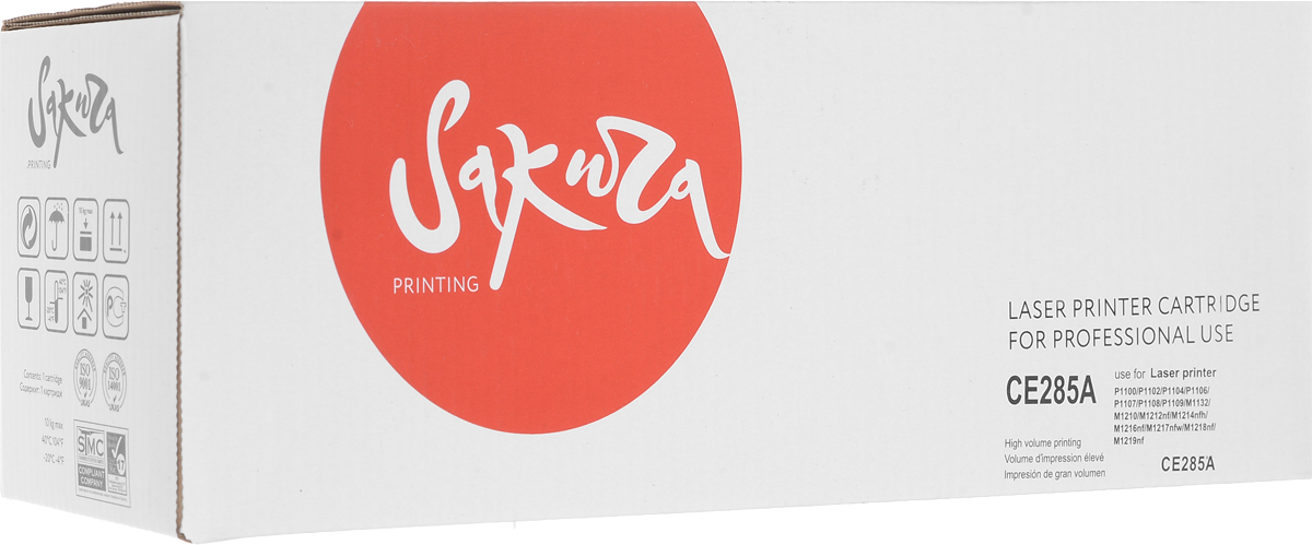 Sakura CE285A, Black тонер-картридж для HP LaserJet P1100/P1102/M1132/M1212/M1214SACE285A Sakura CE285A, Black тонер-картридж для HP LaserJet P1100/P1102/M1132/M1212/M1214SACE285AТонер-картридж Sakura CE285A для лазерных принтеров HP LaserJet является альтернативным решением для замены оригинальных картриджей. Он печатает с тем же качеством и имеет тот же ресурс, что и оригинальный картридж. В картриджах компании Sakura используется химический синтезированный тонер, который в отличие от дешевого тонера из перемолотого полимера, не царапает, а смазывает печатающий вал, что приводит к возможности многократных перезаправок картриджей. Такой подход гарантирует долгий срок службы принтера, превосходное качество и стабильность печати. Тонер-картриджи Sakura производятся при строгом соответствии стандартам ISO 9001 и ISO 14001, что подтверждено международными сертификатами.