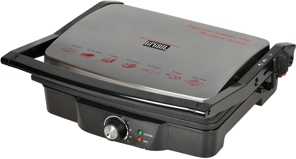 GFgril GF-060 электрогрильGF-060 GFgril GF-060 электрогрильGF-060Электрический контактный гриль. Готовит за считанные минуты, удаляет лишний жир. Большая поверхность для приготовления 4-х кусков мяса. Мощность 2000 Вт. Ненагревающаяся ручка. Регулятор температуры. Максимальный нагрев до 200 °С. Антипригарное покрытие панелей. Открывается на 180°. Плавающая замковая система верхней крышки - подстраивается под нужную высоту продукта. Световые индикаторы включения и нагрева. Меняющийся наклон ножки для изменения скорости стекания жира. Чаша для сбора жира в комплекте. Вертикальное хранение для компактного размещения на кухне.