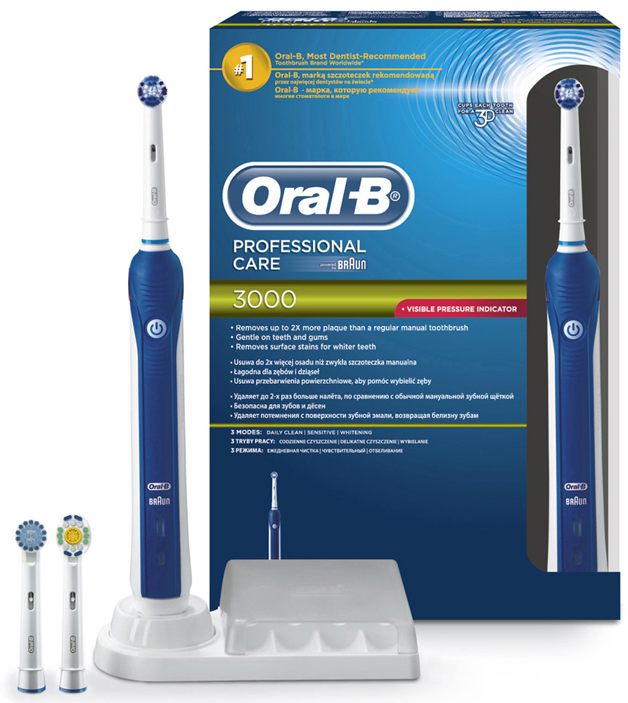 Электрическая зубная щетка Oral-B PС 3000 Precision Clean4210201784982 Электрическая зубная щетка Oral-B PС 3000 Precision Clean4210201784982Электрическая зубная щетка Oral-B Professional Care 3000 удаляет до двух раз больше зубного налета, чем мануальная зубная щетка. Щетинки насадки Presicion Clean имеют среднюю жесткость, позволяя бережно и качественно удалять налет, окружая каждый зуб со всех сторон. Щетка имеет 3 режима чистки: «Ежедневная чистка», «Для чувствительных зубов» и «Отбеливание (Полировка)» Комплектация: аккумуляторная электрическая зубная щетка (1 шт.), сменная насадка Precision Clean (1 шт.), сменная насадка 3D White (1 шт.), сменная насадка Sensitive (1 шт.), зарядное устройство (1 шт.), контейнер для хранения насадок (1 шт.) 8800 возвратно-вращательных движений + 40000 пульсирующих движений. Подходит для детей с 3 лет. Перейдите на новый уровень чистки за 2 минуты! * Удаляет до 100% больше зубного налета, чем мануальная зубная щетка. * Oral-B – марка зубных щеток №1, используемая большинством стоматологов мира!* (* на основании...