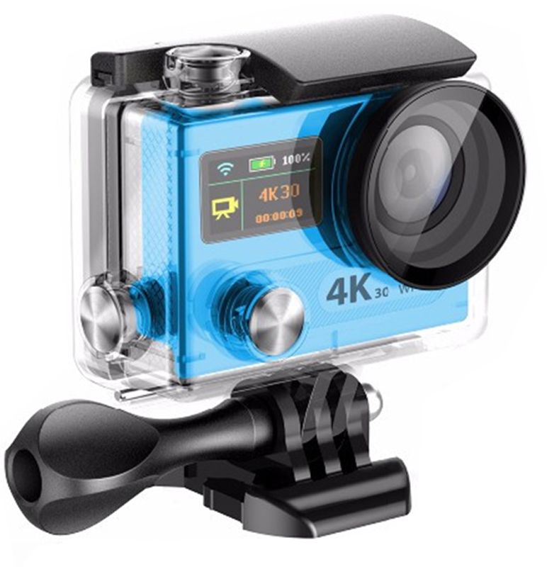 Eken H8R Ultra HD, Blue экшн-камераH8R BLUE Eken H8R Ultra HD, Blue экшн-камераH8R BLUEЭкшн-камера Eken H8R Ultra HD позволяет записывать видео с разрешением 4К и очень плавным изображением до 30 кадров в секунду. Камера имеет два дисплея: 2 TFT LCD основной экран и 0.95 OLED экран статуса (уровень заряда батареи, подключение к WiFi, режим съемки и длительность записи). Эта модель сделана для любителей спорта на улице, подводного плавания, скейтбординга, скай-дайвинга, скалолазания, бега или охоты. Снимайте с руки, на велосипеде, в машине и где угодно. По сравнению с предыдущими версиями, в Eken H8R Ultra HD вы найдете уменьшенные размеры корпуса, увеличенный до 2-х дюймов экран, невероятную оптику и фантастическое разрешение изображения при съемке 30 кадров в секунду! Управляйте вашей H8R на своем смартфоне или планшете. Приложение Ez iCam App позволяет работать с браузером и наблюдать все то, что видит ваша камера. В комплекте с камерой идет пульт ДУ работающий на частоте 2,4 Ггц. Он позволяет начинать и заканчивать съемку удаленно.