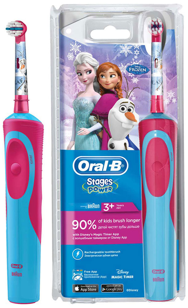 Детская электрическая зубная щетка Oral-B Stages Power Frozen80279915 Детская электрическая зубная щетка Oral-B Stages Power Frozen80279915Электрическая зубная щетка Oral-B Stages Power Kids с веселыми героями мультфильма Холодное сердце прекрасно чистит зубы и удобно ложится в маленькие ручки ребенка. Эта аккумуляторная электрическая зубная щетка с экстрамягкими щетинками специально разработана для детей и совместима с приложением Disney MagicTimer от Oral-B. Скачайте приложение, чтобы помочь вашим детям чистить зубы рекомендуемые стоматологом 2 минуты и выработать правильные привычки по уходу за полостью рта, которые останутся с ребенком на всю жизнь. Приложение позволяет создать индивидуальный профиль с любимыми героями от Disney,имеет визуальный игровой таймер (мотивируя детей чистить зубы рекомендованные две минуты), а также систему вознаграждений за регулярную чистку и бесстрашные походы к врачу. Oral-B Vitality Frozen имеет 2D-технологию чистки и совершает 7000 возвратно-вращательных движений в минуту. Подходит для детей с 3 лет.