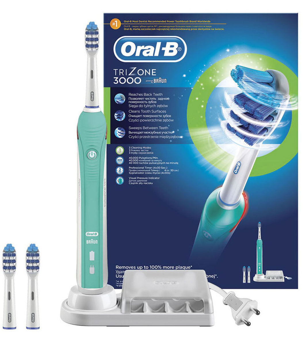 Электрическая зубная щетка Oral-B TriZone 3000CRS-80228236 Электрическая зубная щетка Oral-B TriZone 3000CRS-80228236Благодаря специально разработанному дизайну головки зубная щетка TriZone достает до трудноступных мест, очищает поверхность зубов и проникает между зубами. Щетка разработана специально для тех, кто привык к классической технике чистки мануальной щеткой (выметающими движениями). Oral-B Trizone - единственная электрическая зубная щётка с использованием технологии трёхзонной чистки: Выступающие щетинки Power Tip очищают труднодоступные места, стационарная пульсирующая щетина качественно очищает поверхность зубов, а удлиненная вращающаяся пульсирующая щетина проникает в межзубное пространство. Головка щётки на 20% меньше по размеру, но покрывает площадь на 43% больше, чем головка мануальной щётки. Комплектация: аккумуляторная электрическая зубная щетка (1 шт.), сменная насадка Trizone (3 шт.), зарядное устройство (1 шт.) Три режима чистки: «Ежедневная чистка», «Для чувствительных зубов» и «Отбеливание». - Голубые щетинки Indicator...