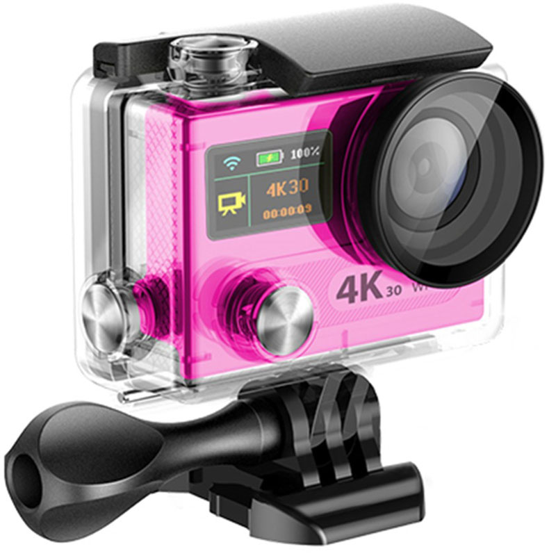 Eken H8 Ultra HD, Pink экшн-камераH8 PINK Eken H8 Ultra HD, Pink экшн-камераH8 PINKЭкшн-камера Eken H8 Ultra HD позволяет записывать видео с разрешением 4К и очень плавным изображением до 30 кадров в секунду. Камера имеет два дисплея: 2 TFT LCD основной экран и 0.95 OLED экран статуса (уровень заряда батареи, подключение к WiFi, режим съемки и длительность записи). Эта модель сделана для любителей спорта на улице, подводного плавания, скейтбординга, скай-дайвинга, скалолазания, бега или охоты. Снимайте с руки, на велосипеде, в машине и где угодно. По сравнению с предыдущими версиями, в Eken H8 Ultra HD вы найдете уменьшенные размеры корпуса, увеличенный до 2-х дюймов экран, невероятную оптику и фантастическое разрешение изображения при съемке 30 кадров в секунду! Управляйте вашей H8 на своем смартфоне или планшете. Приложение Ez iCam App позволяет работать с браузером и наблюдать все то, что видит ваша камера.
