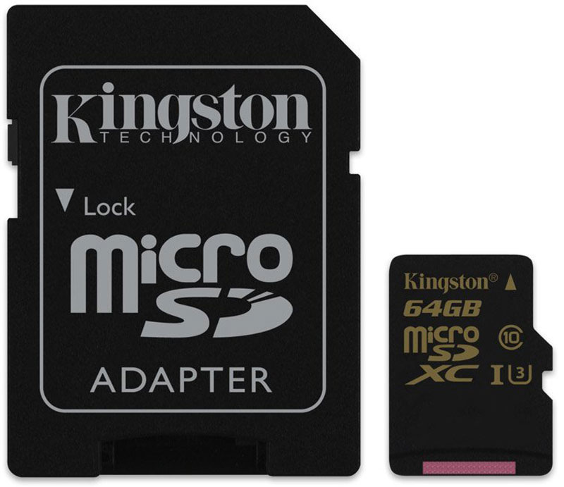 Kingston microSDXC Gold UHS-I Speed Class 3 (U3) 64GB карта памяти с адаптеромSDCG/64GB Kingston microSDXC Gold UHS-I Speed Class 3 (U3) 64GB карта памяти с адаптеромSDCG/64GBЕсли вам нужна карта для продолжительной записи видео с помощью дрона, экшн-камеры GoPro или камеры с разрешением Ultra HD, то эта карта памяти подойдет вам лучше всего. Карта памяти Gold microSD UHS-I Speed Class 3 (U3) компании Kingston позволяет снимать видео со скоростью до 30 кадров в секунду в формате 4K и 120 кадров в секунду в формате 1080p. Оцените преимущества быстрой передачи видео на ПК и быстрого редактирования и загрузки видеозаписей, в особенности, при использовании устройств чтения карт памяти с интерфейсом USB 3.0. Увеличенная скорость записи позволяют выполнять непрерывную серийную съемку, а более высокая постоянная скорость записи обеспечивает целостность видео. Карту памяти можно также использовать вместе с дополнительным адаптером для SD-карт для быстрого просмотра видеозаписи на ноутбуке или для использования в камерах с поддержкой карт памяти большего формата. Во время поездок на велосипеде, пешеходных прогулок, гонок или полетов...