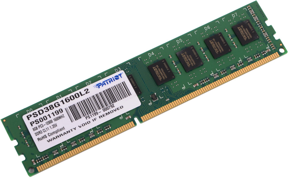 Patriot DDR3 DIMM 8Gb 1600МГц модуль оперативной памяти (PSD38G1600L2)PSD38G1600L2 Patriot DDR3 DIMM 8Gb 1600МГц модуль оперативной памяти (PSD38G1600L2)PSD38G1600L2Небуферезированная память Patriot DDR3 PSD38G1600L2 предоставляет качество работы, надежность и производительность, требуемую для современных компьютеров сегодня. Этот модуль, емкостью 8 ГБ, спроектирован для работы на частоте 1600 МГц PC3-12800 при таймингах CAS 11. Модуль собран при использовании специальных компонентов.