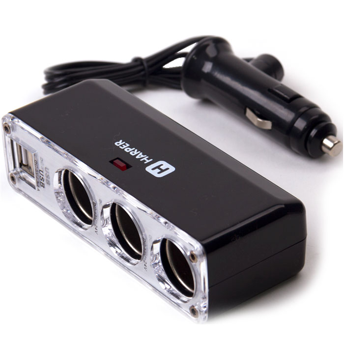 Harper DP-096, Black разветвитель гнезда прикуривателяH00001342 Harper DP-096, Black разветвитель гнезда прикуривателяH00001342Разветвитель прикуривателя автомобильный на 5 устройств, с 2 USB выходами. Напряжение: 12В / 24В, гнездо прикуривателя: 3 шт.; USB 2 шт. 5В, 1А + 2.1A. Длина провода: 0,6 м, предохранитель: 5А.