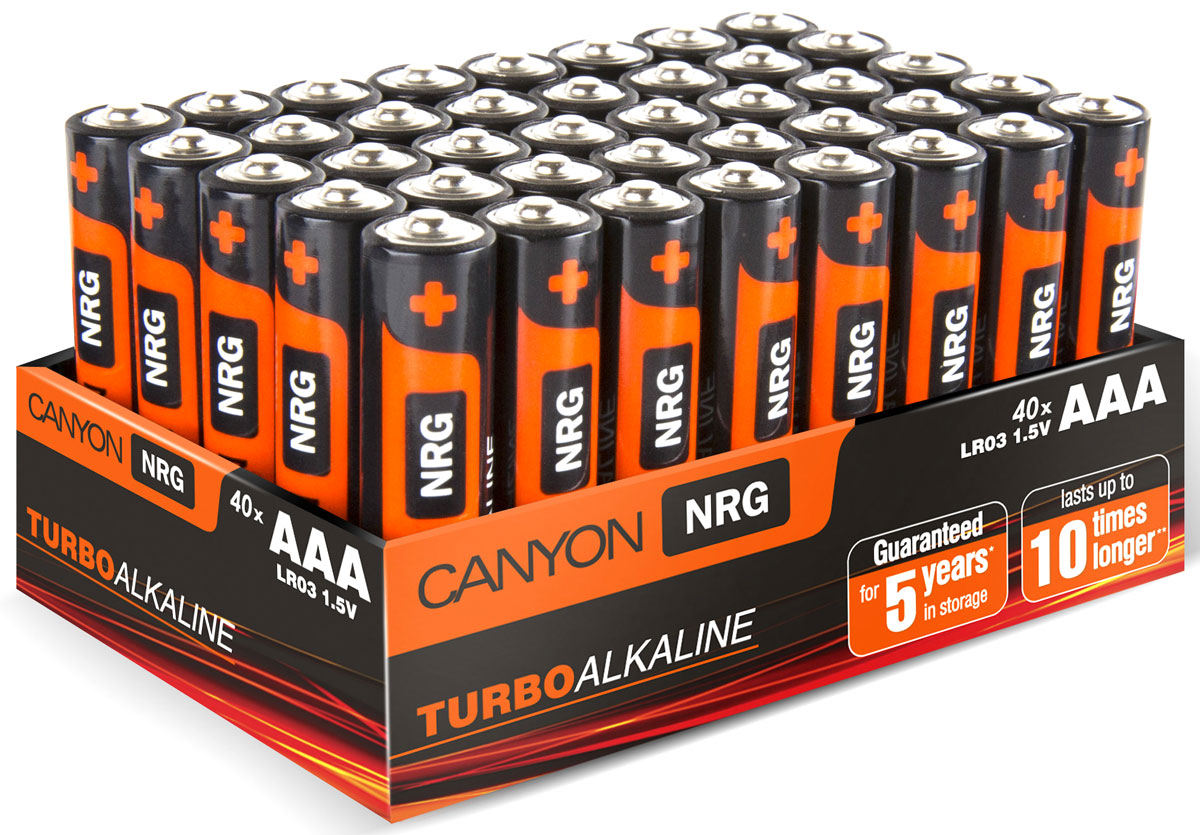 Батарейки Canyon NRG, щелочные, тип AAA (LR03), 40 шт.ALKAAA40 Батарейки Canyon NRG, щелочные, тип AAA (LR03), 40 шт.ALKAAA40Упаковка из 40 батареек типа АAА, разработанных для длительной и надежной работы с различными устройствами: видеокамеры, фотоаппараты, мыши, клавиатуры, портативные колонки, часы, геймпады и игрушки. В отличие от многих батареек, теряющих энергию без использования, в батарейках Canyon до окончания срока годности гарантированно останется по меньшей мере 80% от первоначального заряда. Батарейки Canyon не содержат кадмия, ртути и других вредных тяжелых металлов.