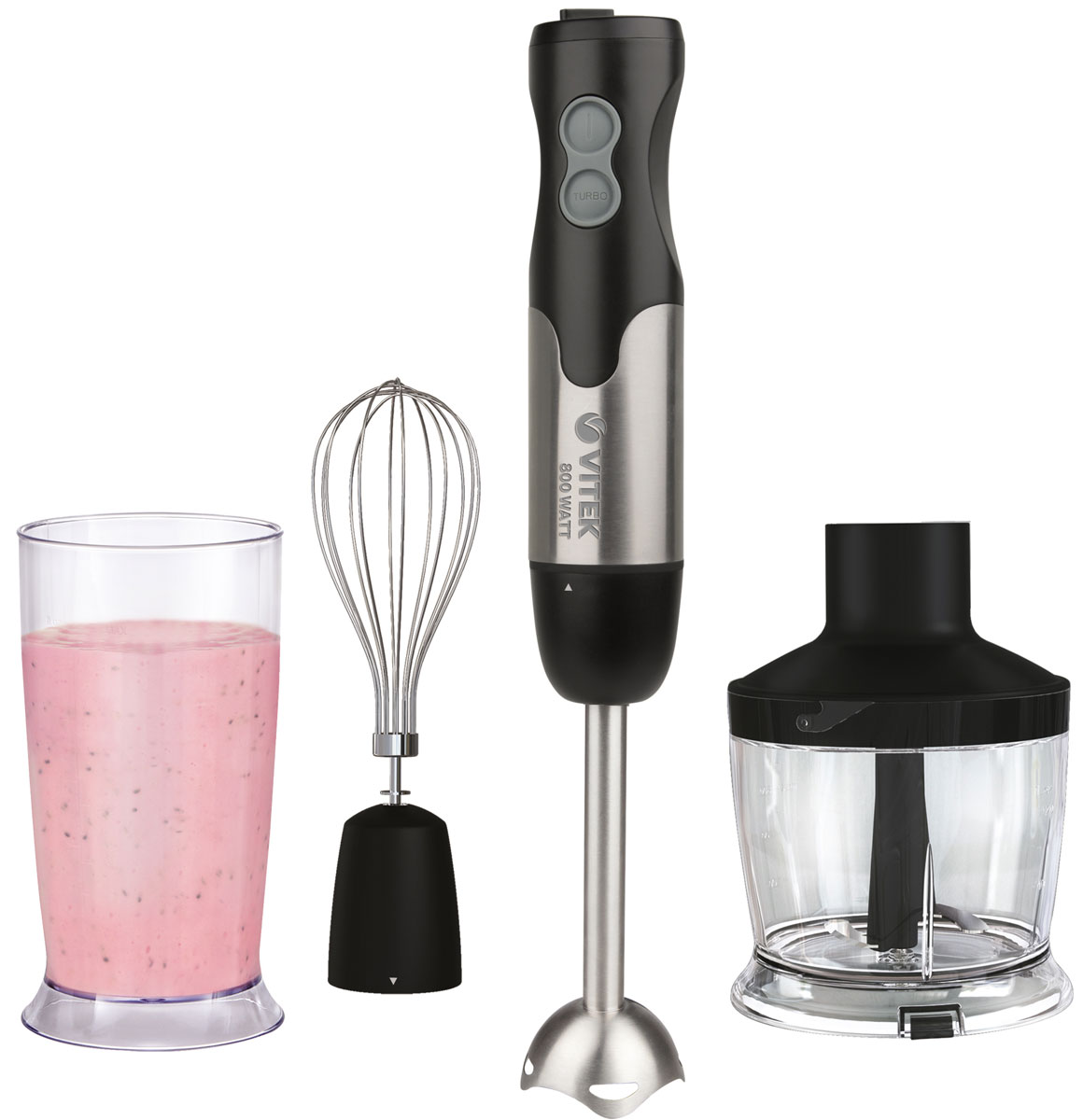 Vitek VT-8520(ST) блендерVT-8520(ST) Vitek VT-8520(ST) блендерVT-8520(ST)Сочетание мощности и технологий воплощаются в блендерном наборе Vitek VT-8520(ST). Набор совмещает в себе все необходимые функции блендера, чоппера и миксера для идеальной обработки продуктов. Блендерный набор Vitek VT-8520(ST) станет не только незаменимым помощником в приготовлении различных блюд, но также и стильным аксессуаром на вашей кухне. Блендерный набор с высокой мощностью 800 Вт быстро и качественно измельчит продукты любой твердости. Погружная часть и лезвия выполнены из нержавеющей стали повышенной прочности, что обеспечивает продолжительную работу блендера. Особая форма погружной части предотвращает разбрызгивание во время работы. Turbo режим и плавная регулировка скоростей позволяют выбрать оптимальный режим для смешивания разных видов продуктов.