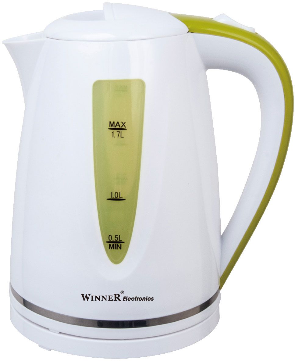 Winner Electronics WR-120 электрический чайникWR-120 Winner Electronics WR-120 электрический чайникWR-1201,7л. Пластиковый чайник с вращением 360гр. Нейлоновый фильтр. Функция ручного открывания крышки. 2 прозрачных индикатора уровня воды. Пластина со световым индикатором. Автоматическое отключение при отсутствии воды и после закипания воды. Отсек для хранения шнура. Антискользящее покрытие. Контроллер. Цвета белый и черный. 220-240В 50/60Гц 1850-2200Вт