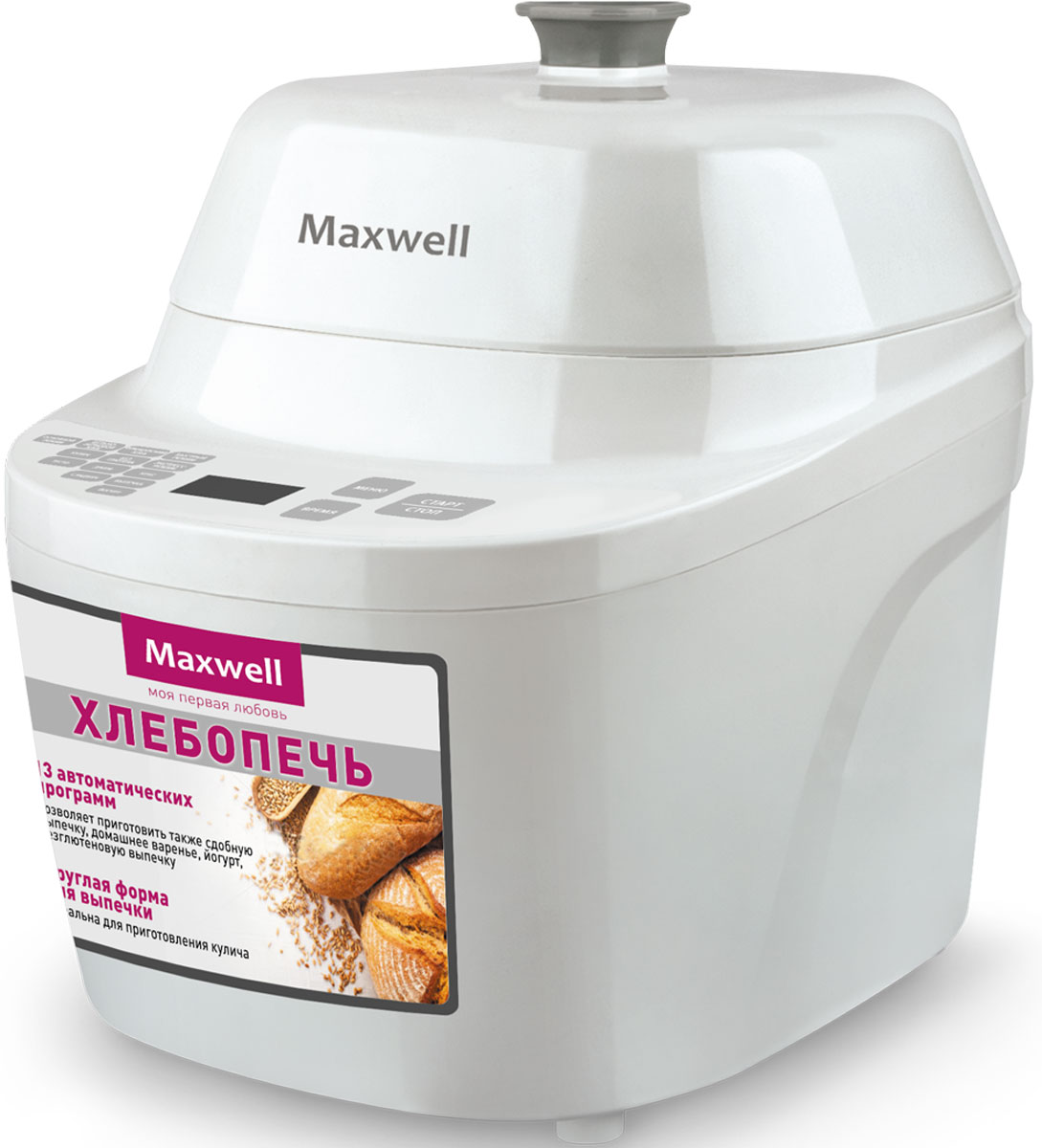 Maxwell MW-3755(W) хлебопечьMW-3755(W) Maxwell MW-3755(W) хлебопечьMW-3755(W)Главной особенностью хлебопечи Maxwell MW-3755(W) является круглая форма для выпечки. Таким образом, данная модель отлично подойдет для приготовления куличей, караваев, кексов и, конечно же, традиционного хлеба. Максимальный вес выпечки составляет 500 г. В хлебопечь заложено 13 автоматических программ, среди которых не только выпечка, но и специальные программы для варки варенья и приготовления йогурта. Также следует отметить возможность делать безглютеновую выпечку. Хлебопечь имеет электронное управление, все нюансы работы отображаются на цифровом дисплее. Можно воспользоваться таймером отсрочки (до 13 часов). Если заправить хлебопечь вечером, к завтраку можно получить свежую, горячую выпечку. В комплекте с Maxwell MW-3755(W)поставляется мерный стакан и ложка.