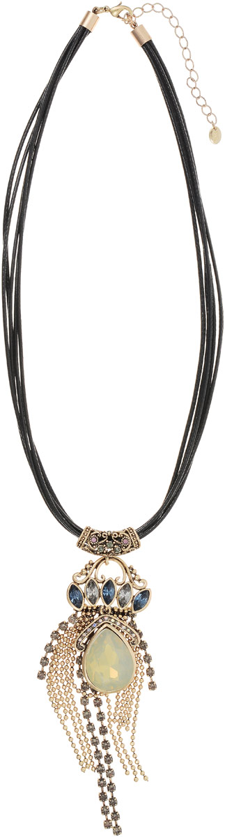 Колье Taya, цвет: черный, золотистый. T-B-12130T-B-12130-NECK-BK.GOLD Колье Taya, цвет: черный, золотистый. T-B-12130T-B-12130-NECK-BK.GOLDКулон-подвеска выполнена на кожаных шнурках дополнена удлиняющей цепочкой с замочком-карабином. Бледная матовая капля расположена поверх золотых цепей и полосок страз. Нежное шейное украшение-галстук.
