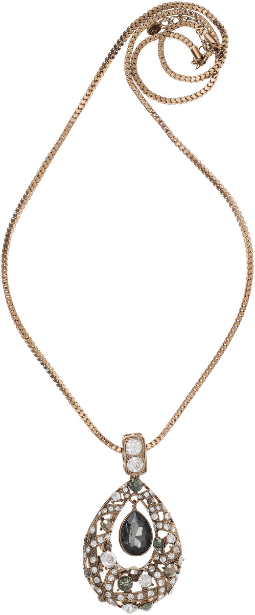 Колье Taya, цвет: коричневый. T-B-10942T-B-10942-NECK-BROWN Колье Taya, цвет: коричневый. T-B-10942T-B-10942-NECK-BROWNБрошь-кулон выполнен на длинной круглой цепи и дополнен удлиняющей цепочкой с замочком-карабином. Кулон на цепочке с удлинением, выполнен в овальной форме в виде огромной капли, внутри которой свободно поблескивает крупный дымчатый кристалл.