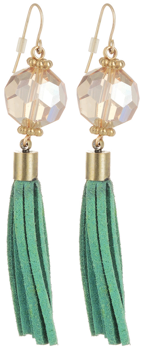 Серьги Taya, цвет: зеленый. T-B-509T-B-509-EARR-GREEN Серьги Taya, цвет: зеленый. T-B-509T-B-509-EARR-GREENСерьги с замком-петлей и силиконовой заглушкой. Крупный песочно-желтый кристалл на изящной дужке дополнен зеленой замшевой подвеской.