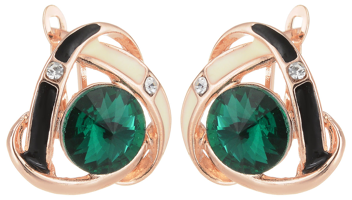 Серьги Taya, цвет: золотистый, зеленый. T-B-12744T-B-12744-EARR-GL.GREEN Серьги Taya, цвет: золотистый, зеленый. T-B-12744T-B-12744-EARR-GL.GREENСерьги Taya застегиваются на английский замок. Оформлена модель кристаллом под цвет как яблоко Гренни, он огранен на конус. Вокруг завитки, покрытые черной и белой эмалью.