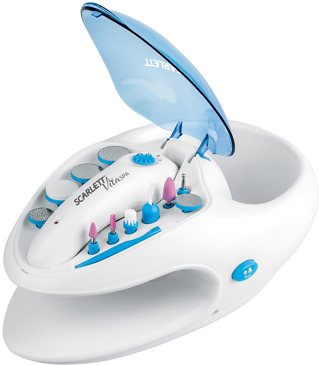 Scarlett SC-MS95005, Blue маникюрный наборSC-MS95005 Scarlett SC-MS95005, Blue маникюрный наборSC-MS95005Маникюрный набор Scarlett SC-MS95005 - современный многофункциональный прибор для маникюра и педикюра в домашних условиях. В комплект входит ванночка для ручек с пузырьковым массажем. Ножки у прибора прорезиненные, благодаря чему он устойчив на поверхности. Модель имеет множество конусных,цилиндрических и полировочных насадок, палочку для удаления кутикул. Также есть встроенная сушка для лака и два режима скорости работы. 2 скорости работы Вращение насадок в 2 стороны 9000 вращений в минуту Встроенная сушка для лака