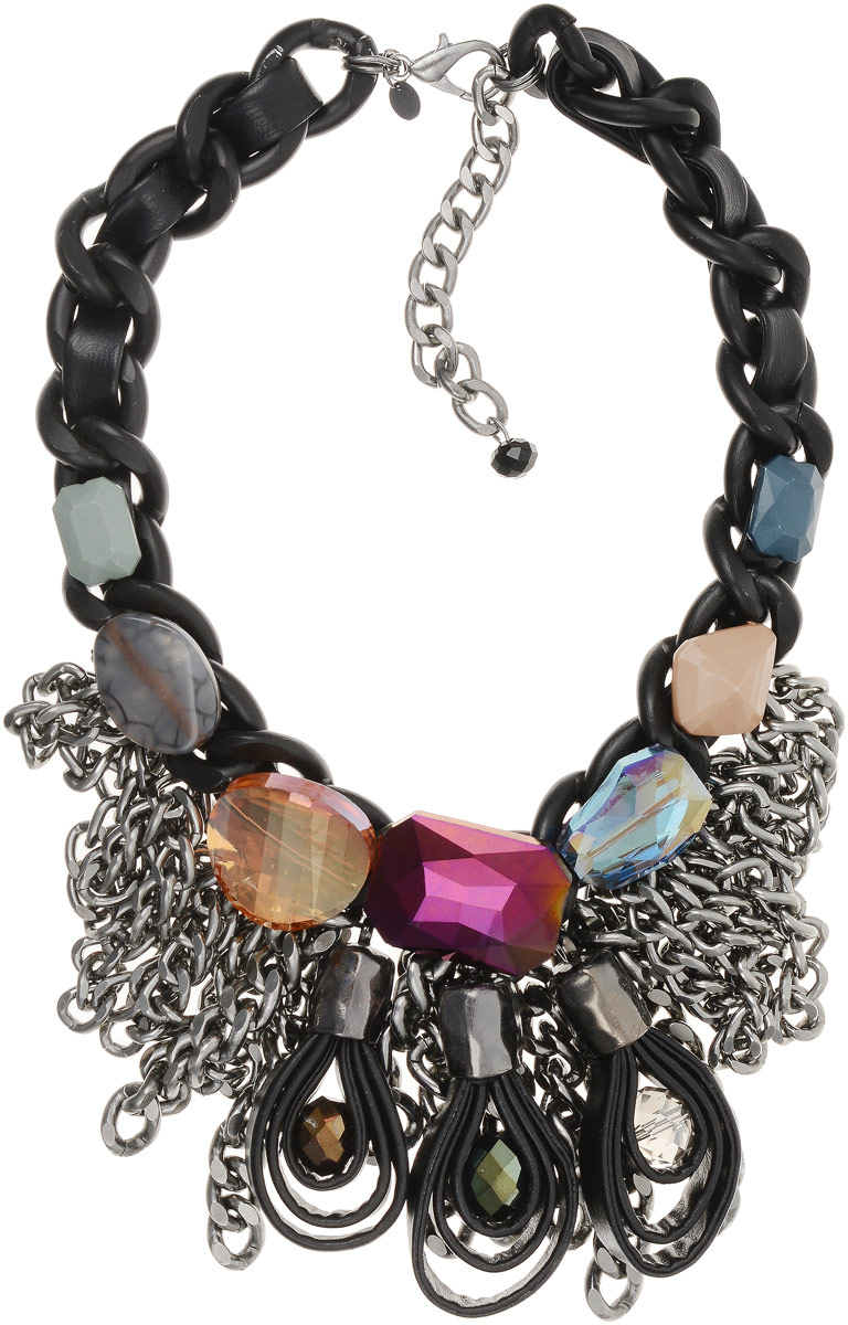 Колье Taya, цвет: черный, мультиколор. T-B-9548T-B-9548-NECK-BK.MULTI Колье Taya, цвет: черный, мультиколор. T-B-9548T-B-9548-NECK-BK.MULTIОснова украшения сплетена косичкой из черных жгутов и дополнена удлиняющей цепочкой с замочком-карабином. В центре хаотично сверкают камни разного цвета и огранки, а также три кожаных петли. Гламурность украшению придает сочетание металлических цепей и сверкающих кристаллов.