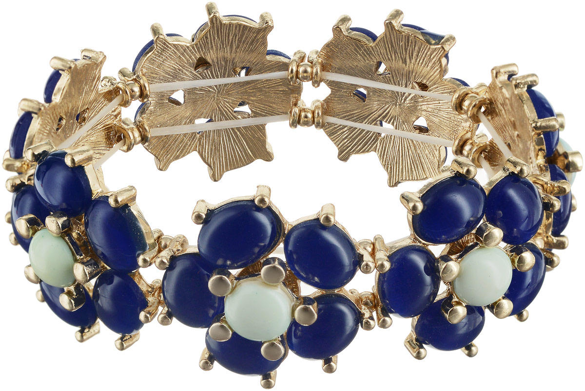 Браслет Taya, цвет: золотистый, синий. T-B-6186T-B-6186-BRAC-GL.BLUE Браслет Taya, цвет: золотистый, синий. T-B-6186T-B-6186-BRAC-GL.BLUEОтличный универсальный браслет Taya выполнен на резинке. Синие цветки с белой сердцевиной закреплены между собой на плотной бижутерной резинке. Каждый из камушков держится с помощью специальных креплений-ножек.