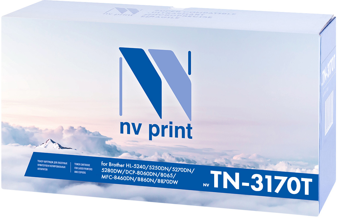 NV Print NV-TN3170, Black тонер-картридж для Brother HL-5240/5250DN/5270DN/5280DW/MFC8460N/8860DN/DCP8065DNNV-TN3170 NV Print NV-TN3170, Black тонер-картридж для Brother HL-5240/5250DN/5270DN/5280DW/MFC8460N/8860DN/DCP8065DNNV-TN3170Совместимый лазерный картридж NV Print NV-TN3170 для печатающих устройств Brother - это альтернатива приобретению оригинальных расходных материалов. При этом качество печати остается высоким. Картридж обеспечивает повышенную чёткость чёрного текста и плавность переходов оттенков серого цвета и полутонов, позволяет отображать мельчайшие детали изображения. Лазерные принтеры, копировальные аппараты и МФУ являются более выгодными в печати, чем струйные устройства, так как лазерных картриджей хватает на значительно большее количество отпечатков, чем обычных. Для печати в данном случае используются не чернила, а тонер.