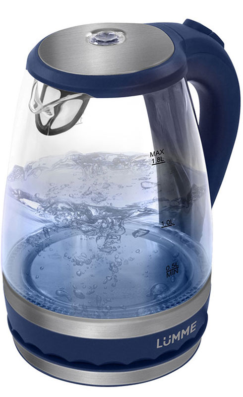 Lumme LU-220, Dark Blue электрический чайникLU-220 Lumme LU-220, Dark Blue электрический чайникLU-220Легкий ударопрочный стеклянный чайник Lumme LU-220 с голубой внутренней подсветкой в элегантном прозрачном корпусе из закаленного термостойкого стекла объемом 1.8 литра. Стекло сохраняет природный вкус и все натуральные свойства воды, а внутренний фильтр, закрывающий носик, служит для дополнительной фильтрации воды. Для скорейшего закипания чайник имеет повышенную до 2200 Вт мощность нагревательного элемента, закрытого плоским стальным дном для противостояния накипи, коррозии и удобства в уходе. Система автоматического отключения чайника при закипании или недостаточном количестве воды защитит чайник от преждевременного выхода из строя. Возможность ставить чайник на базу с любой стороны и вращать на 360 градусов, поворачивая ручкой к себе, исключает риск случайных ожогов и обеспечивает полный комфорт эксплуатации. Благодаря внутренней светодиодной голубой подсветке чайник особенно хорошо смотрится в работе и дарит ...