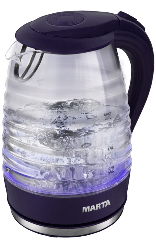Marta MT-1084, Dark Blue электрический чайникMT-1084 Marta MT-1084, Dark Blue электрический чайникMT-1084Очень легкий и прочный стеклянный чайник Marta MT-1084 с голубой внутренней подсветкой в элегантном прозрачном корпусе из закаленного стекла. Чайник имеет повышенную мощность для скорейшего закипания и съемный фильтр в носике для дополнительной фильтрации. Прозрачный корпус из закаленного стекла сохраняет природный вкус и натуральные свойства воды, не имеет запаха и препятствует образованию накипи. Стеклянный чайник очень легок и при этом обладает высочайшей прочностью. С помощью подсветки легко контролируется работа чайника. Внутренняя подсветка обеспечивает игру световых бликов на кухне и дарит отличное настроение. Плоское дно внутри чайника очень функционально - легко моется, противостоит накипи, не ржавеет, не корродирует, а значит, обеспечивает максимально долгий срок службы чайника. Возможность вращения чайника на 360°. Крайне важная и быстро ставшая привычной функция, обеспечивающая исключительное удобство и...