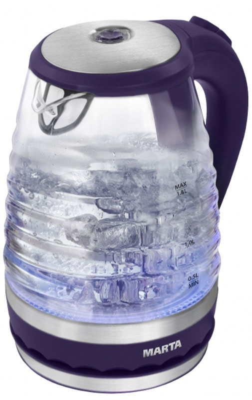 Marta MT-1085, Dark Purple электрический чайникMT-1085 Marta MT-1085, Dark Purple электрический чайникMT-1085Очень легкий и прочный стеклянный чайник Marta MT-1085 с голубой внутренней подсветкой в элегантном прозрачном корпусе из закаленного стекла. Чайник имеет повышенную мощность для скорейшего закипания и съемный фильтр в носике для дополнительной фильтрации. Прозрачный корпус из закаленного стекла сохраняет природный вкус и натуральные свойства воды, не имеет запаха и препятствует образованию накипи. Стеклянный чайник очень легок и при этом обладает высочайшей прочностью. С помощью подсветки легко контролируется работа чайника. Внутренняя подсветка обеспечивает игру световых бликов на кухне и дарит отличное настроение. Плоское дно внутри чайника очень функционально - легко моется, противостоит накипи, не ржавеет, не корродирует, а значит, обеспечивает максимально долгий срок службы чайника. Возможность вращения чайника на 360°. Крайне важная и быстро ставшая привычной функция, обеспечивающая исключительное удобство и...