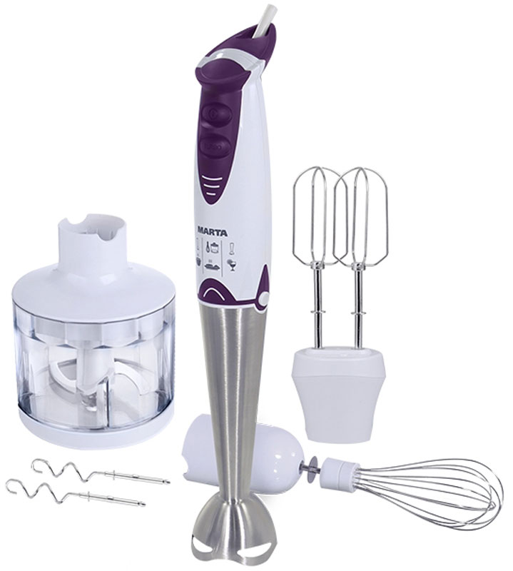 Marta MT-1553, White Purple блендерMT-1553 Marta MT-1553, White Purple блендерMT-1553Мощный кухонный процессор Marta MT-1553 с металлическим съемным блендером. 2 скоростных режима для жидких и вязких продуктов. Кухонный процессор создан для легкого приготовления разнообразной выпечки, десертов, взбитых сливок, кремов и мороженого. Благодаря высокой мощности блендер отлично взбивает и измельчает все необходимые продукты.
