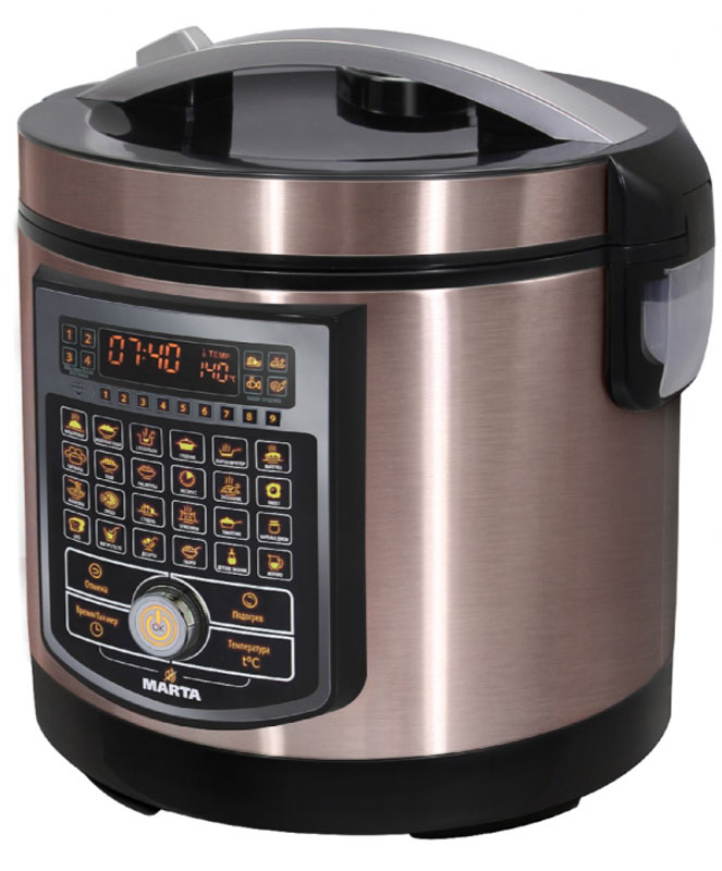 Marta MT-4316, Night Zircon мультиваркаMT-4316 Marta MT-4316, Night Zircon мультиваркаMT-4316Инновационная мультиварка Marta MT-4316 из профессиональной серии iCOOKER. Сенсорная панель и джойстик дарят простоту и удобство управления. Запатентованные технологии Шеф-Повар и Шеф Про позволяют изменить настройки любой автоматической программы и сохранить их в энергонезависимую память. 9 уровневая программа Смарт для самых сложных блюд, 4 ячейки памяти для собственных программ. Возможность выбора продукта для идеального результата. Управление мультиваркой осуществляется с помощью сенсорной панели и джойстика. Джойстиком можно выбрать любую программу, изменить время и температуру приготовления, выбрать тип продукта и многое другое. Нажатие на него подтверждает выбор пользователя. Специально для опытных кулинаров Marta предусмотрели 4 дополнительные ячейки, в которые можно сохранить свои собственные программы. Теперь вы можете самостоятельно создавать и сохранять в памяти мультиварки программы приготовления своих самых лучших блюд....