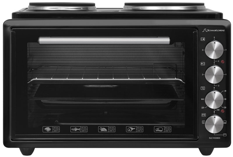 Schaub Lorenz SLE KS3600, Black мини-печьSLE KS3600 Schaub Lorenz SLE KS3600, Black мини-печьSLE KS3600Мини-печь Schaub Lorenz SLE KS3600 может служить отличной заменой полноразмерной кухонной плите. Объем духовки составляет 36 л, этого объема хватает для разнообразной выпечки, запекания мяса и птицы, приготовления горячих бутербродов. Благодаря сочетанию работы верхнего и нижнего нагревательных элементов распределение тепла и приготовление происходит максимально равномерно. Также печь оснащена двумя электрическими чугунными конфорками мощностью 1500 и 1000 Вт. Таким образом, максимальная мощность печи составляет 2500 Вт. Данная модель обладает удобным и надежным управлением при помощи четырех поворотных регуляторов. Есть возможность установки таймера. В комплекте с мини-печью поставляется все необходимое для повседневного приготовления: стандартный противень с антипригарным покрытием и хромированная решетка.