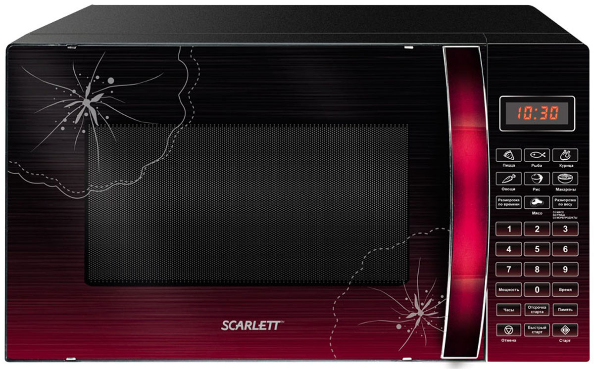 Scarlett SC-MW9020S04D, Cherry СВЧ-печьSC-MW9020S04D Scarlett SC-MW9020S04D, Cherry СВЧ-печьSC-MW9020S04DМикроволновая печь Scarlett SC-MW9020S04D предназначена для быстрого приготовления или подогрева пищи, а также для размораживания продуктов. Оснащена девятью автоматическими программами, функциями быстрой разморозки и разморозки по весу. Данная модель имеет удобное электронное управление для максимально комфортной эксплуатации, а также шесть режимов тепловой обработки и таймер до 99 минут со звуковым сигналом. Максимальная потребляемая мощность: 1200 Вт Широкое смотровое окно Цифровой дисплей Вращающееся стеклянное блюдо диаметром 245 мм Кнопка открытия дверцы Жаропрочное покрытие