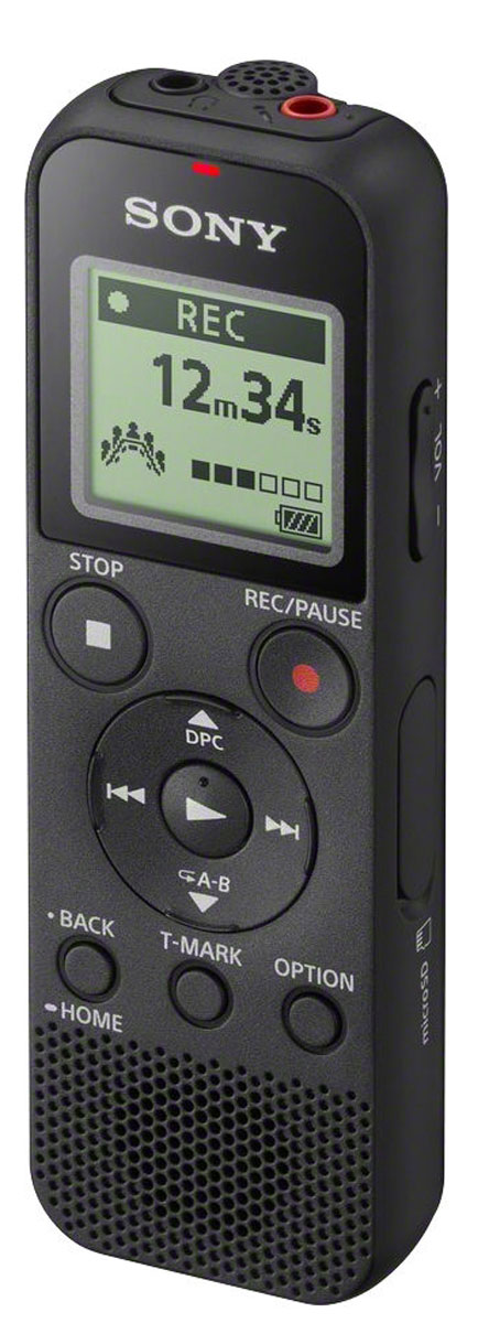 Sony ICD-PX370, Black диктофонICDPX370.CE7 Sony ICD-PX370, Black диктофонICDPX370.CE7Цифровой диктофон Sony ICD-PX370 позволяет вести запись собраний, лекций и других мероприятий в высоком качестве. Благодаря простому интерфейсу можно быстро найти старые записи, а наличие встроенного разъема USB позволяет подключать диктофон к ПК. Функция автоматической записи голоса снижает фоновые шумы, делая голос четче и разборчивей. Быстрая и простая запись звука в формате MP3 Длительный срок работы от аккумулятора обеспечивает до 57 часов записи (в режиме стерео, MP3, 128 кбит/с) Оптимизированная запись голоса подавляет внешний шум и делает звук чище Функция Выбор сюжета оптимизирует настройки под условия записи (музыка, собрания и т. п.) Объем памяти составляет 4 ГБ и вмещает запись продолжительностью до 59 часов и 35 минут (в режиме стерео, MP3, 128 кбит/с)