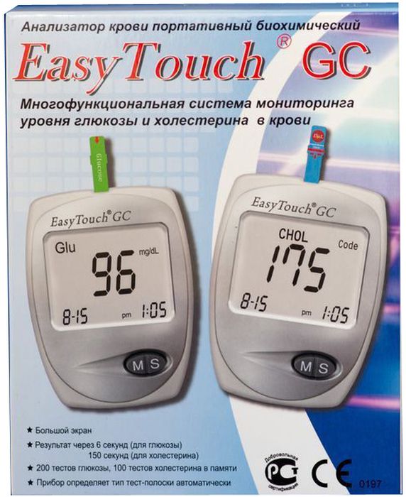 Анализатор глюкозы и холестерина EasyTouch GC1022 Анализатор глюкозы и холестерина EasyTouch GC1022Описание: Система EasyTouch GC предназначена для самостоятельного контроля содержания глюкозы и холестерина в крови. Уникальная система мониторинга Easy Touch GC позволяет провести два вида анализа при помощи одного прибора, отличаясь невероятным удобством в эксплуатации. Пациенты, использующие систему EasyTouchGC, ежедневно могут контролировать свои результаты. Прибор создан для количественного измерения содержания глюкозы и холестерина в свежей капиллярной цельной крови из кончика пальца. Работа системы мониторинга построена на электрохимическом методе измерения. Это позволяет обходиться минимальным количеством крови при анализе. Результаты измерения глюкозы будут показаны на экране спустя 6 секунд, холестерина - 150 секунд. Прибор обладает функцией сохранения данных, что поможет Вам наблюдать за ходом изменений уровня глюкозы и холестерина в крови. Характеристики EasyTouch GC Тип прибора Многофункциональная система мониторинга уровня глюкозы и холестерина Модель...