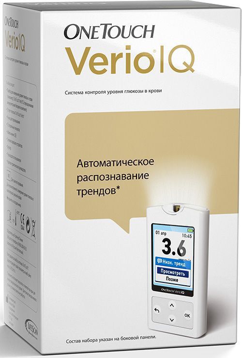 Глюкометр OneTouch Verio IQ3180 Глюкометр OneTouch Verio IQ3180Благодаря технологии ColourSure при повторяющихся эпизодах высокого и низкого уровня глюкозы на экране появляется сообщение, кодированное цветом. Яркий цветной экран высокого разрешения Подсветка зоны ввода тест-полоски (Позволяет проводить измерения даже в темноте) Автоматическое выявление низких и высоких трендов (Для выявления высокого тренда глюкометр использует результаты с отметкой До еды. Для выявления низкого тренда отметки о еде не требуются.) Простая процедура добавления отметок о еде Аккумуляторная батарея (Позволяет заряжать глюкометр через USB или сетевой адаптер) Измерение в темноте В комплект входит: Глюкометр OneTouch VerioIQ Футляр Тест-полоски OneTouch Verio Ручка для прокалывания OneTouch Delica Стерильные ланцеты Зарядное устройство Мини USB кабель Руководство пользователя Краткое руководство пользователя
