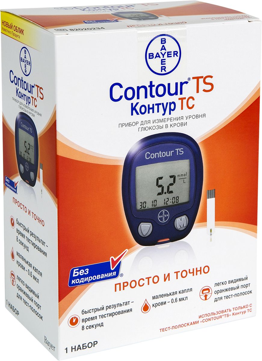 Глюкометр Contour TS54 Глюкометр Contour TS54В отличие от многих измерительных приборов, Contour TS не требует ввода цифрового кода или установки кодированного чипа, поэтому его не нужно программировать и на точность результатов не могут повлиять возможные ошибки ввода. Производитель: Bayer Базовый комплект поставки: Прибор, ручка-прокалыватель, 10 ланцетов, чехол, инструкция Принцип измерения: Электрохимический Диапазон измерения: 0,6-33,3 ммоль/л Время измерения: 8 сек Объем капли крови: 0,6 мкл Калибровка результатов: По капилярной капли Введение кода тест-полосок: Не требуется Память: 250 результатов Батарейка: DL2032 или CR2031 на 1 год Размер: 71х60х25 мм Вес: 56,7 г Тест-полоски: Контур ТС Температура хранения: От 15С до 30С Температура проведения анализа: От 5С до 45С Комплектация прибора: Глюкометр Контур ТС Автопрокалыватель Microlet 2 Одноразовые ланцеты к ручке для прокалывания (10 шт.) Чехол для хранения Батарейка...