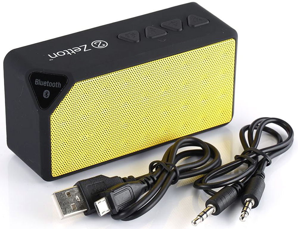 Zetton Parallelepiped, Black Yellow портативная Bluetooth-колонка (ZTLSBSPARBY)ZTLSBSPARBY Zetton Parallelepiped, Black Yellow портативная Bluetooth-колонка (ZTLSBSPARBY)ZTLSBSPARBYБеспроводная колонка Zetton Parallelepiped позволит вам слушать музыку со смартфона, планшета и любого аудиоустройства, поддерживающего связь через Bluetooth. Zetton гарантирует чистый звук и безупречное воспроизведение. Небольшие размеры и встроенный аккумулятор дают возможность использовать колонки в мобильном режиме, в любом месте, где нет электричества на протяжении до 6 часов. Скромный с виду динамик обеспечивает вполне серьезную громкость и с легкостью озвучит небольшое помещение или место пикника, отдыха. Для подключения используется Bluetooth или стандартный аудиоразъем 3.5 мм. Встроенный аккумулятор: 650 мАч, 1-2 часа время зарядки Длина USB шнура: 0,5 м